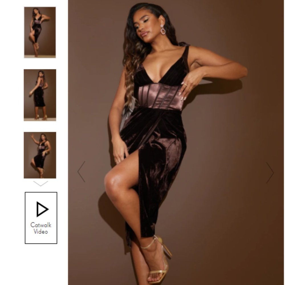 PLT CHOCOLATE VELVET CORSET DETAIL TIE STRAP MIDI DRESS